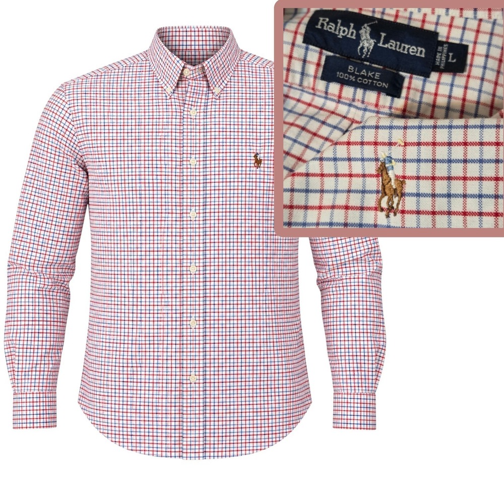 Ralph Lauren Button Down Men Large Red Blue Blake Tattersall Check Cotton L